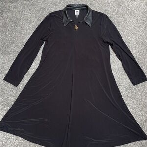 Anne Klein Black Flowy Swing Dress With Faux Leather Collar and long sleeves - 8